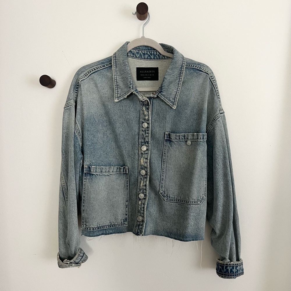 All Saints Women's Distressed Oversized Light Blue Denim Jean Shirt Jacket
